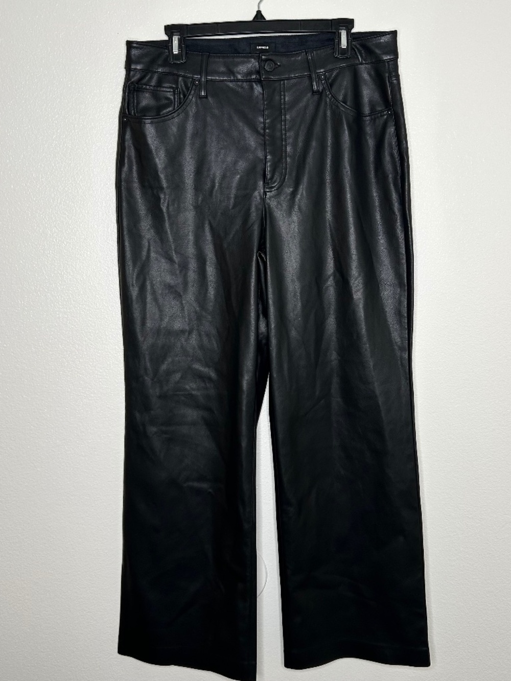 Express Womens Black Faux Leather High Rise Wide Leg Stretch Pants Size 14S